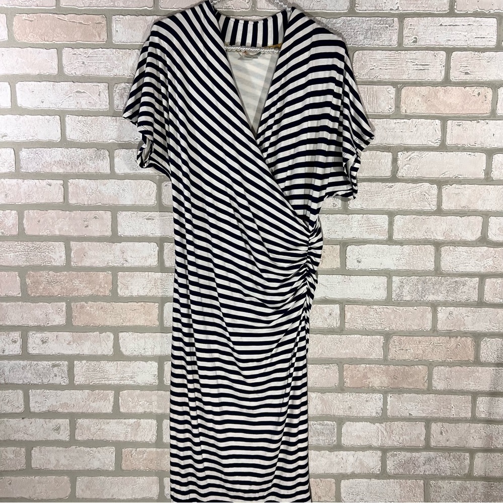 Boden Crossover Ruched Nautical Striped Midi Dress Size 8L - Picture 3 of 10